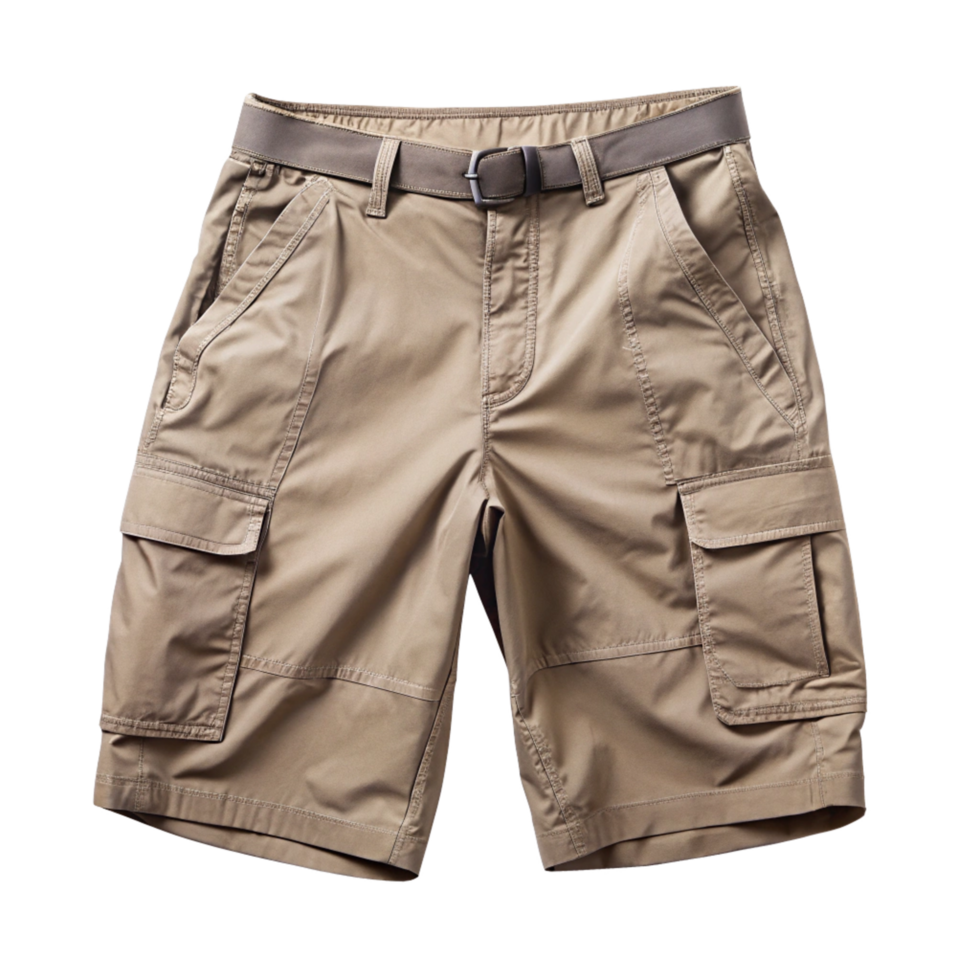 Beige Men's Cargo Shorts with Multiple Pockets and Builtin Belt png