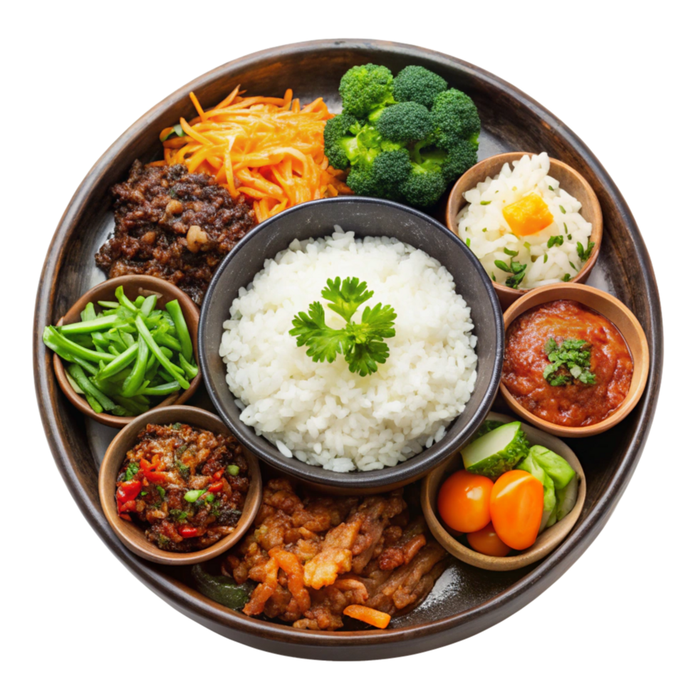 Delicious and Nutritious AsianStyle Meal with Rice and Various Side Dishes png