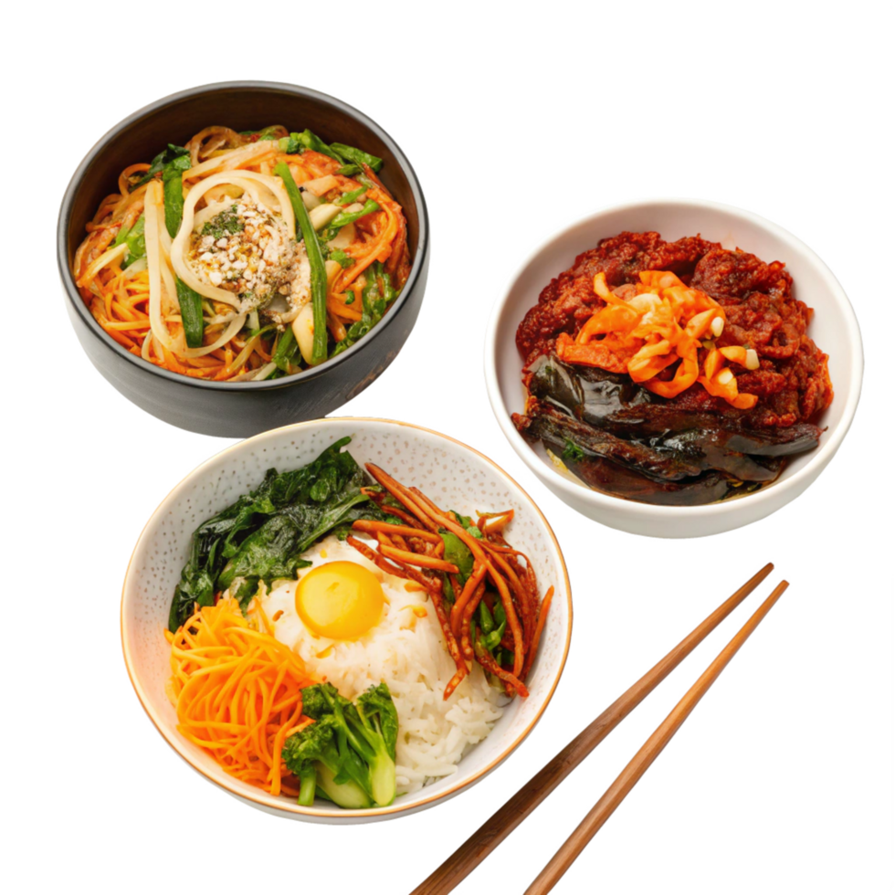 Delicious and Colorful Asian Cuisine Dishes Bibimbap Noodles and Kimchi png