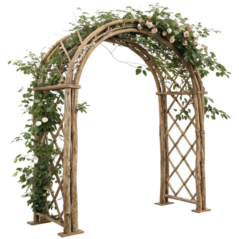 Rustic Wooden Archway Decorated with Lush Greenery and Delicate Pink Roses for Wedding Ceremony or Garden Entrance png
