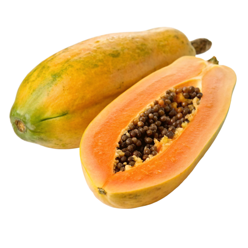 Ripe Papaya Fruit Halved and Whole Showing Seeds and Vibrant Orange Flesh png