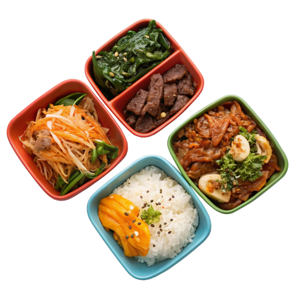 Delicious Asian Cuisine Bento Box with Rice Steamed Vegetables and Meat png