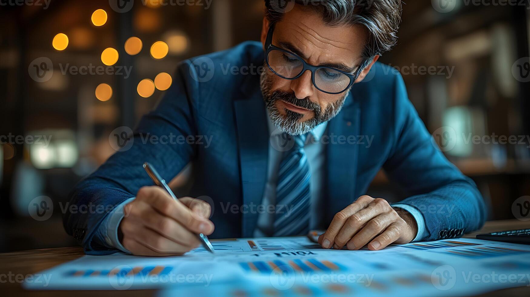 Business development strategy financial advisor reviewing upward-trending revenue graphs. photo