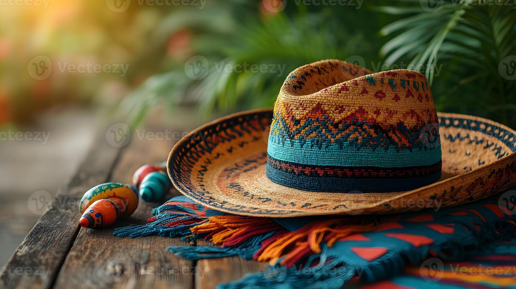 Large Mexican sombrero resting on a rustic wooden table with bright textile patterns and maracas nearby photo