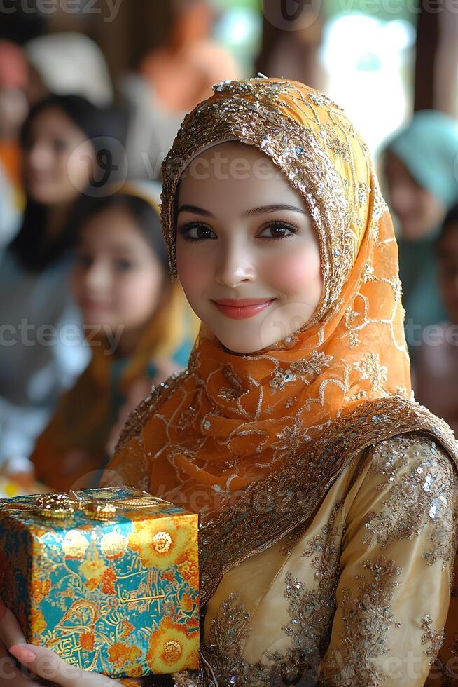 Vibrant Eid celebration with joyful families exchanging gifts, wearing traditional attire photo