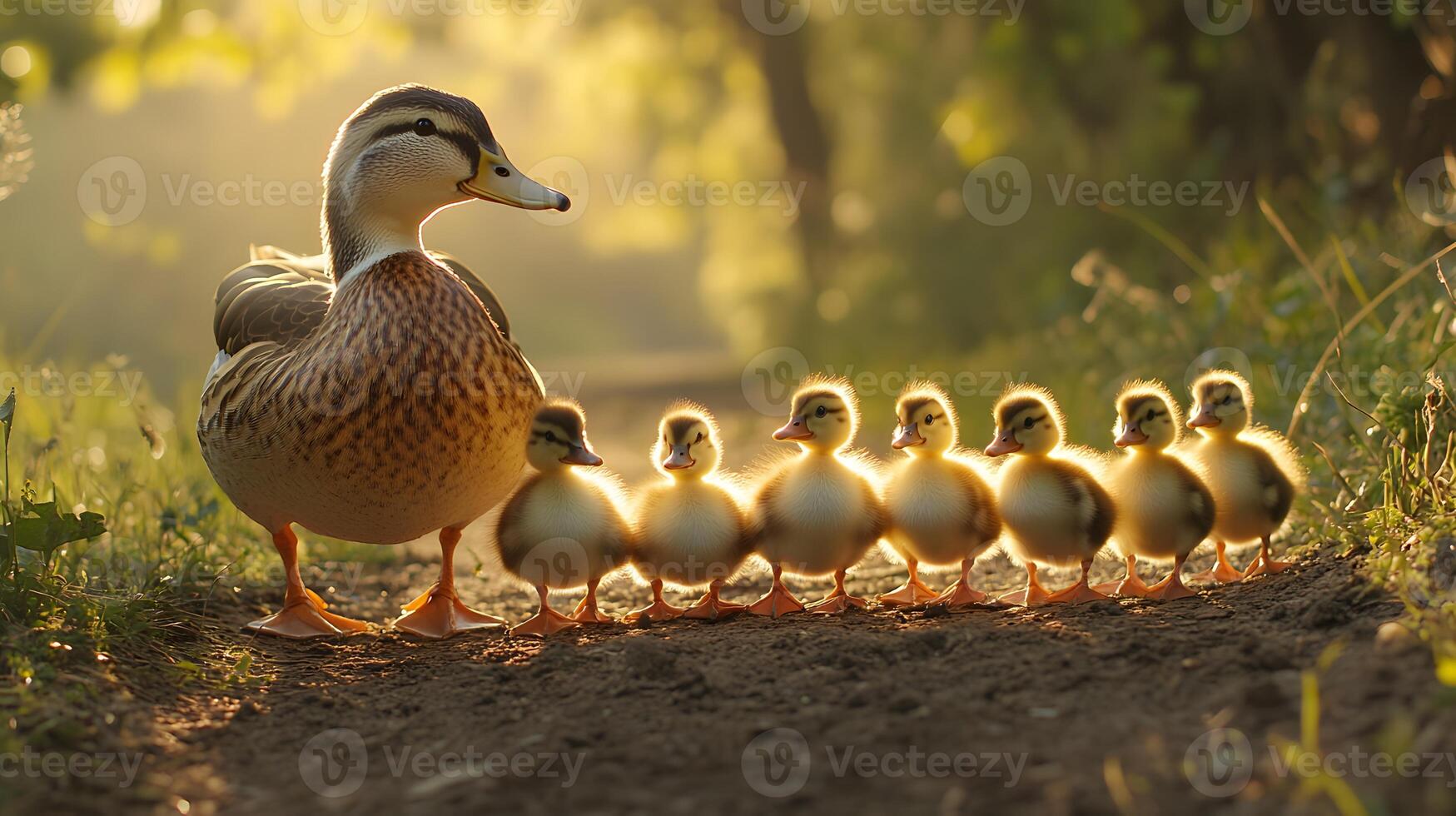 Ducklings following their mother across a dirt path, sweet and heartwarming moment photo