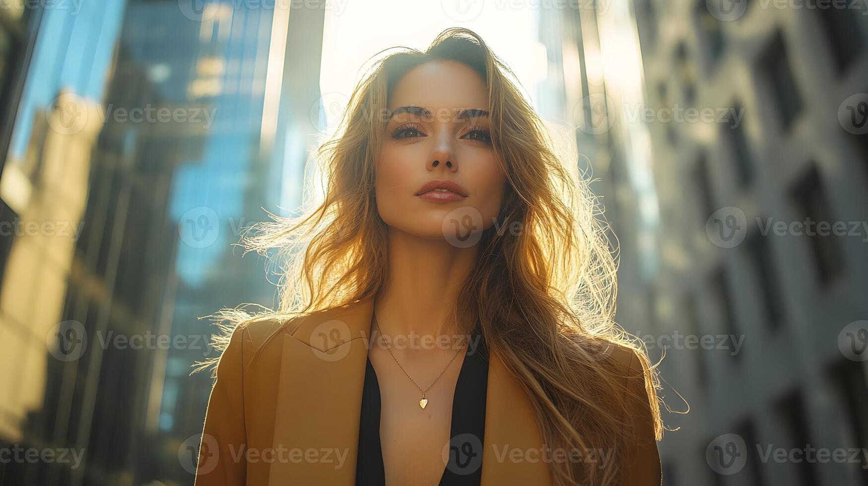 Businesswoman walking confidently through an urban financial district photo