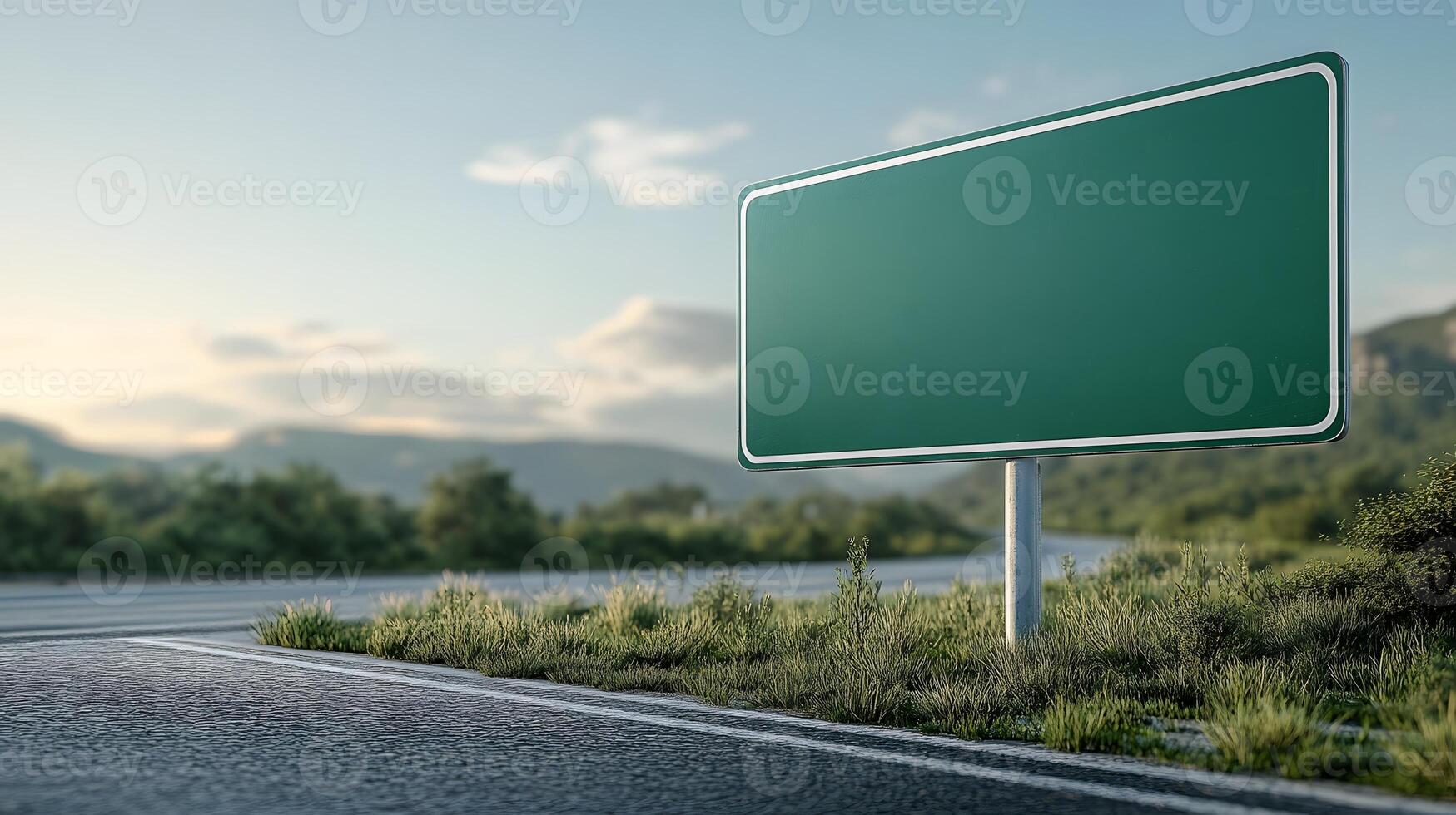 3D mockup of a blank interstate sign, metallic frame, isolated on white background, copy space photo