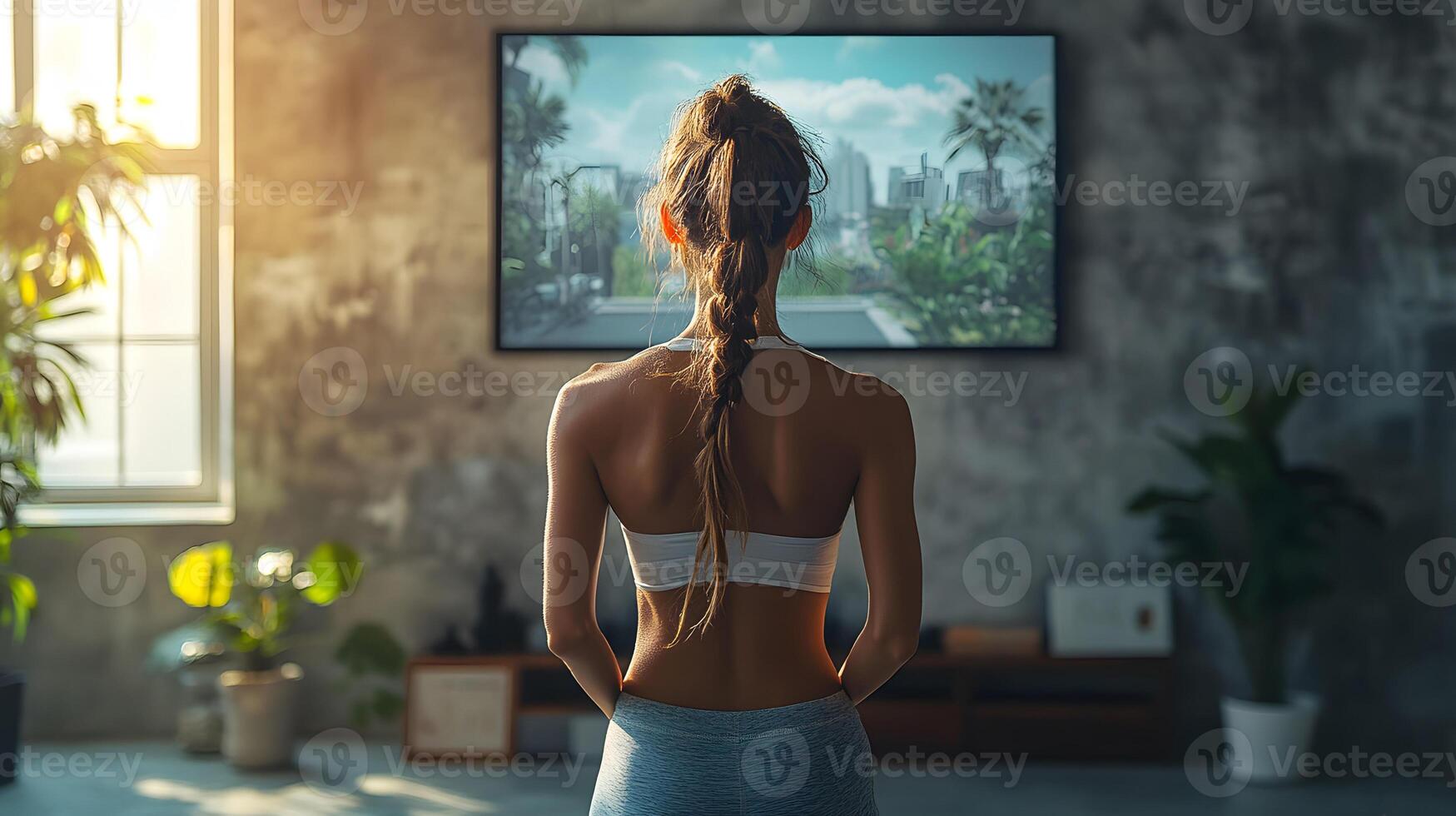Nano influencer in a 3D-rendered modern home studio filming a fitness product review, sleek and engaging design, copy space photo