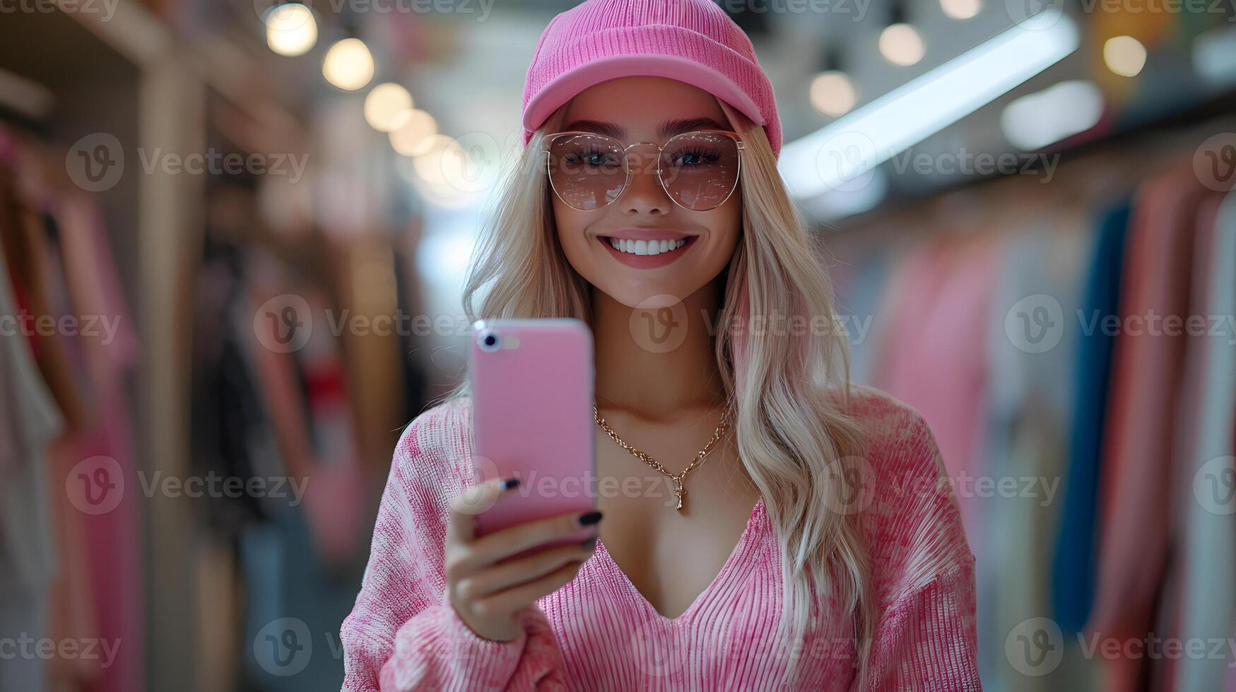 3D-rendered influencer holding a virtual fashion try-on session using AR integration, next-generation marketing, copy space photo