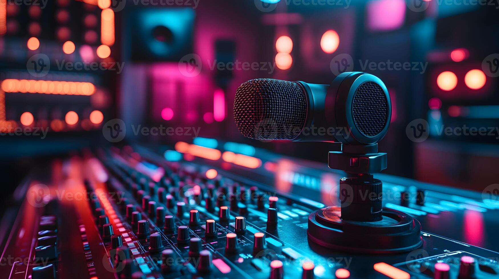 studio with digital content creator recording a product review using an advanced microphone, futuristic marketing, copy space photo