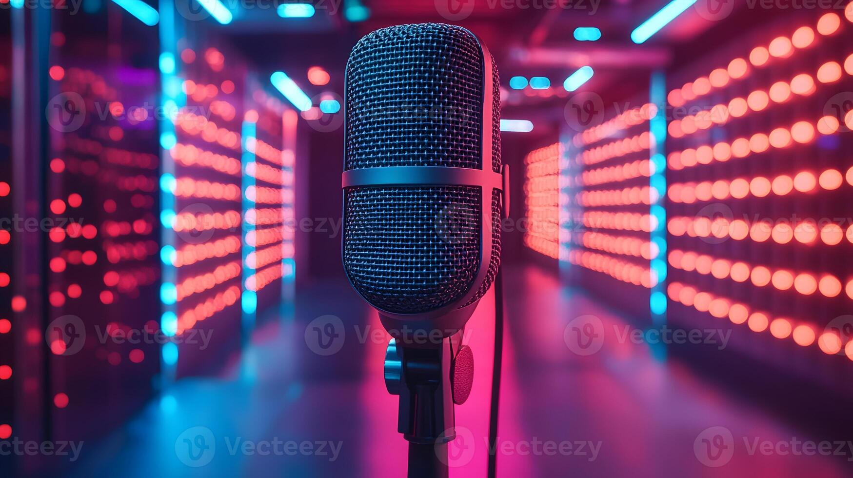 High tech 3D studio with digital content creator recording a product review using an advanced microphone, futuristic marketing, copy space photo