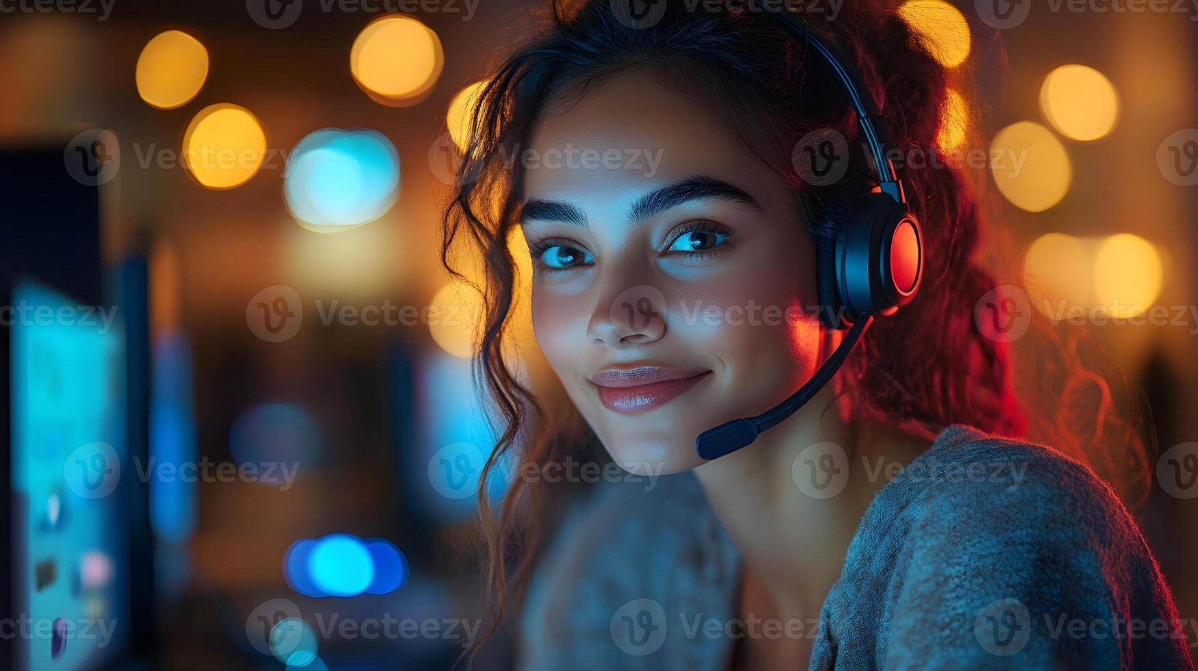 Virtual assistant powered by AI, helping users navigate optimized e-commerce visuals, professional interface, modern lighting photo