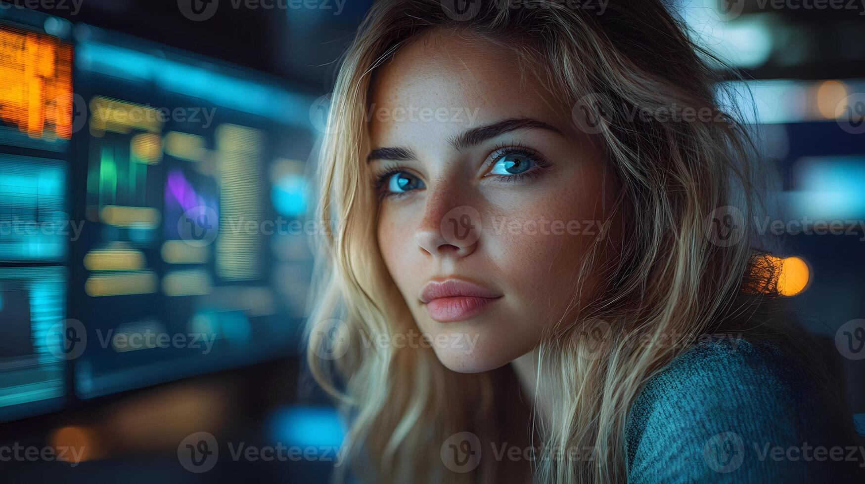 Smart AI-driven stock photography innovation, futuristic workstation, digital photo processing, high resolution