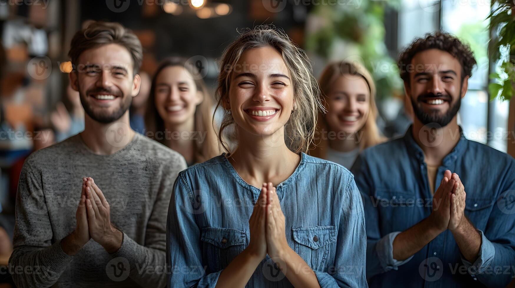 Joyful office workers applauding a colleague for achievements, appreciation event with certificates and rewards, friendly interactions, copy space photo