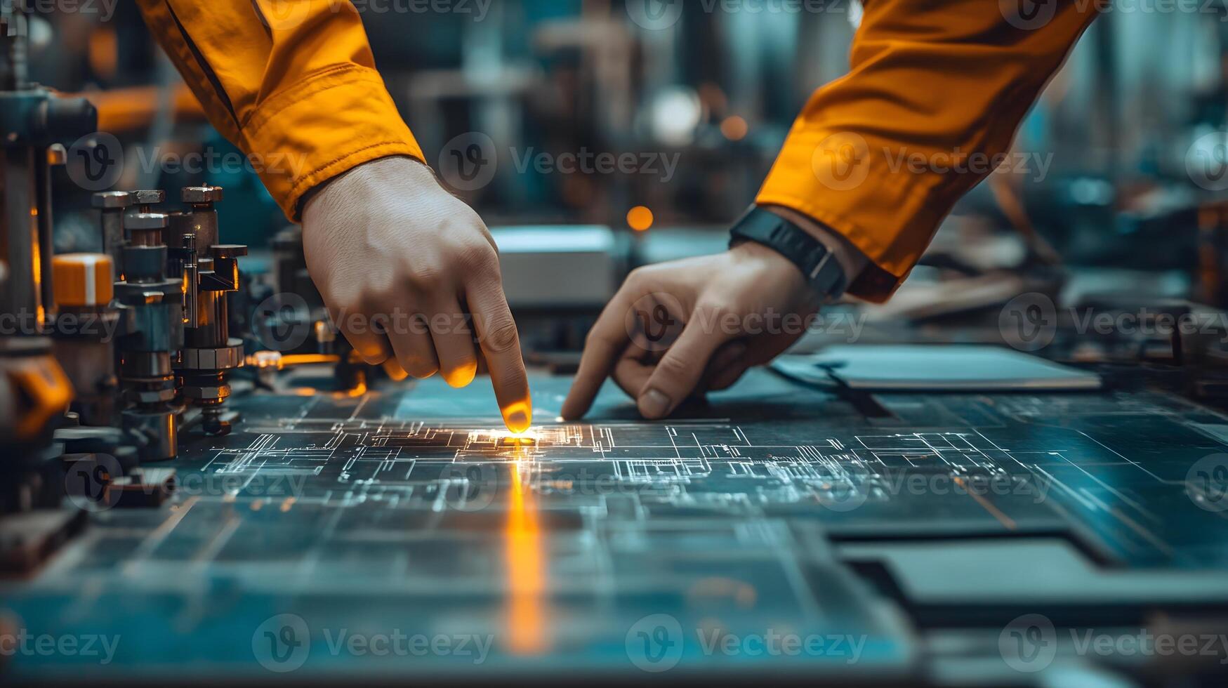 Close-up of engineers and architect pointing at a laptop screen with digital blueprints, intense discussion, project planning, high resolution photo