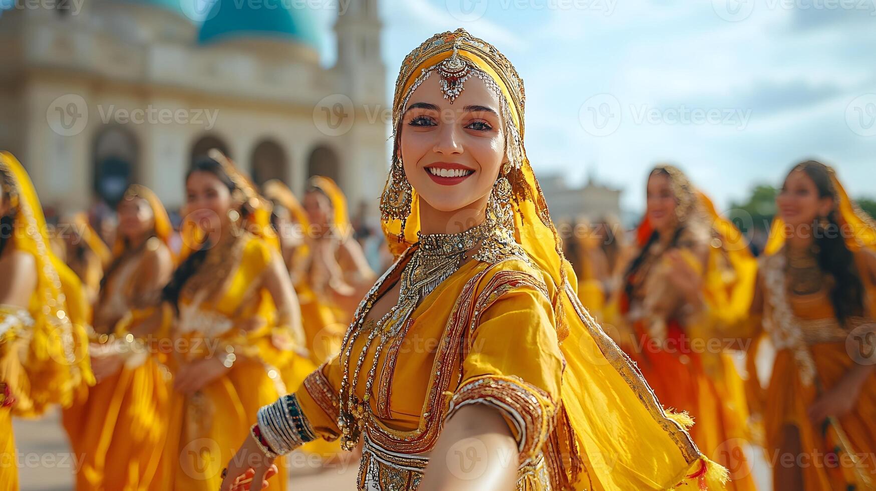 Traditional dance performance in an open plaza elegant movements, colorful outfits, and rich cultural heritage photo