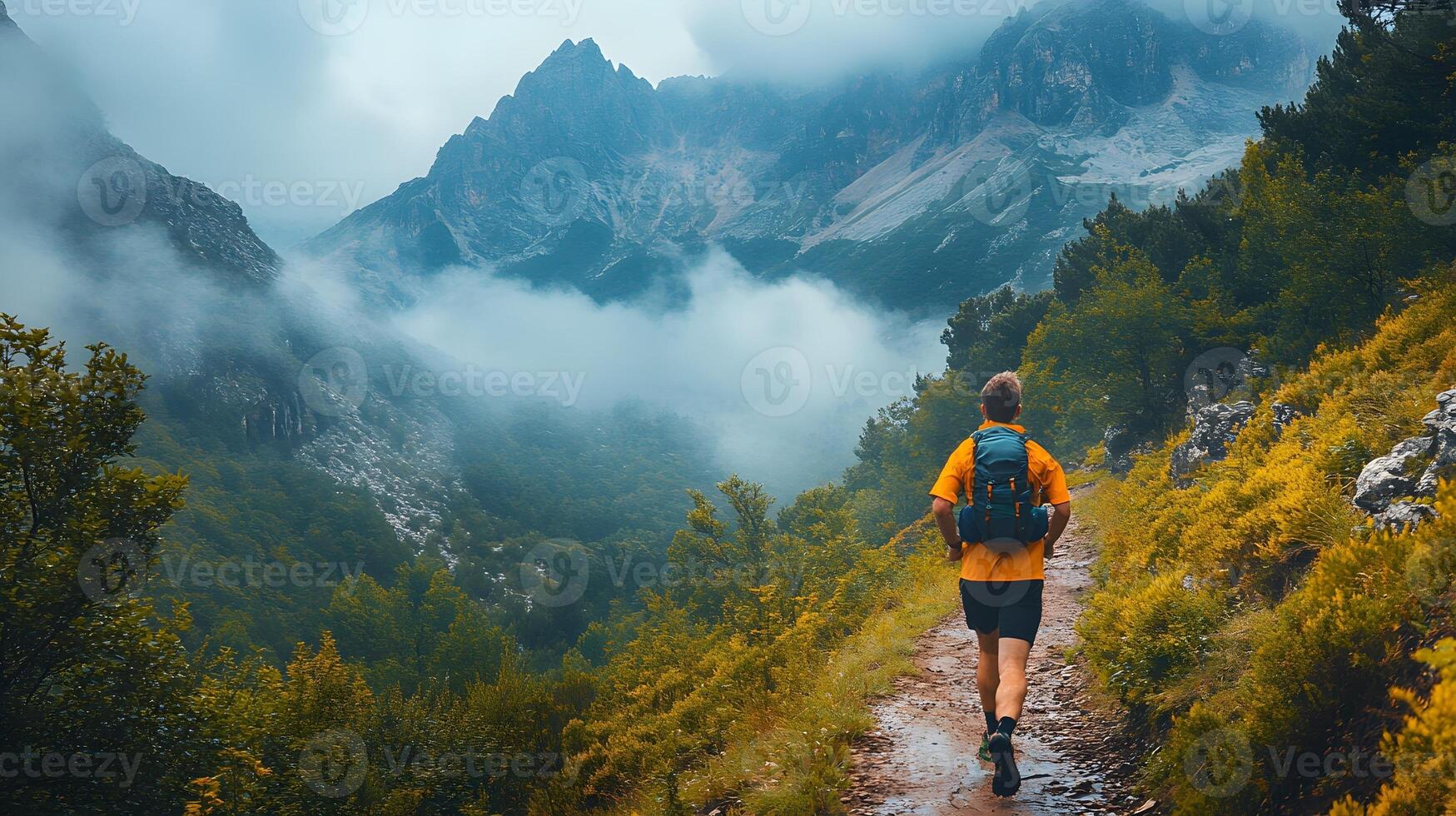 Trail runner moving through rugged mountain terrain, pushing limits, surrounded by epic natural beauty photo