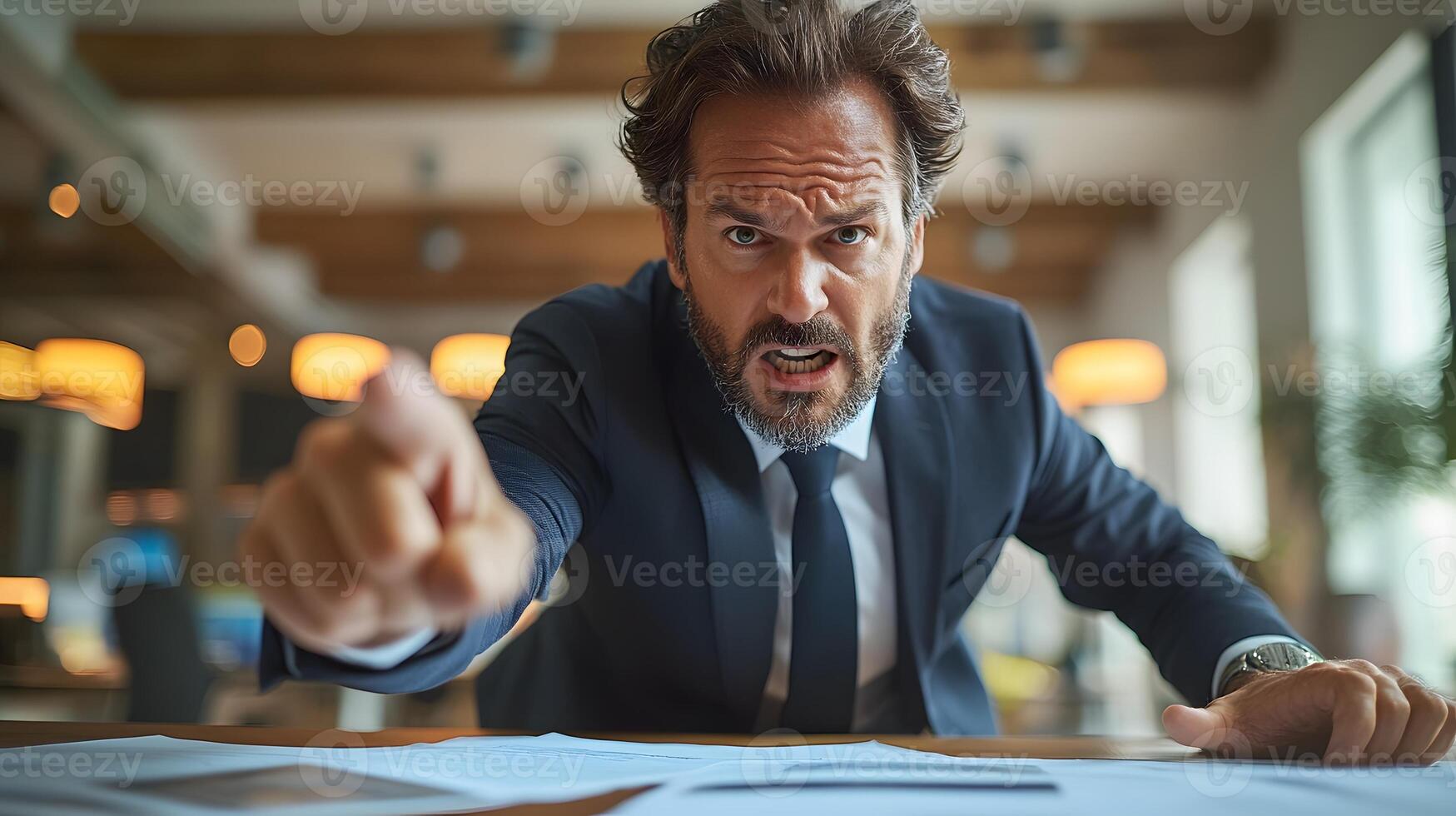 Angry business executive pointing at report in frustration photo