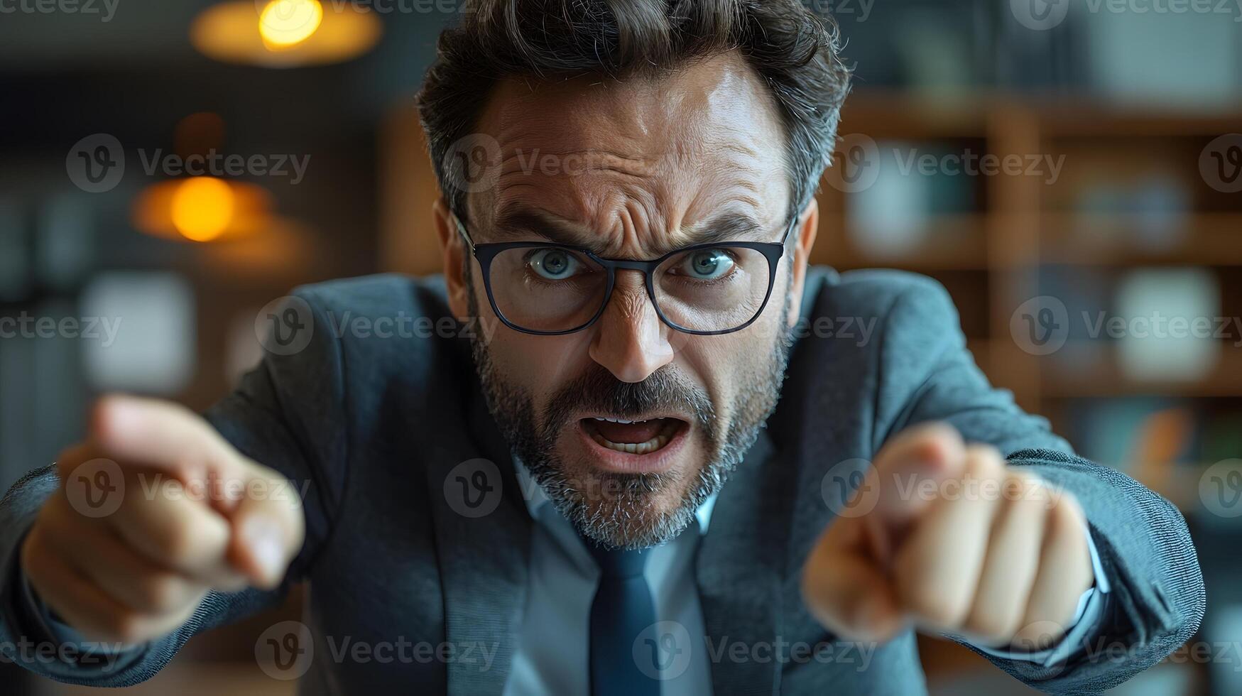 Angry business executive pointing at report in frustration. photo