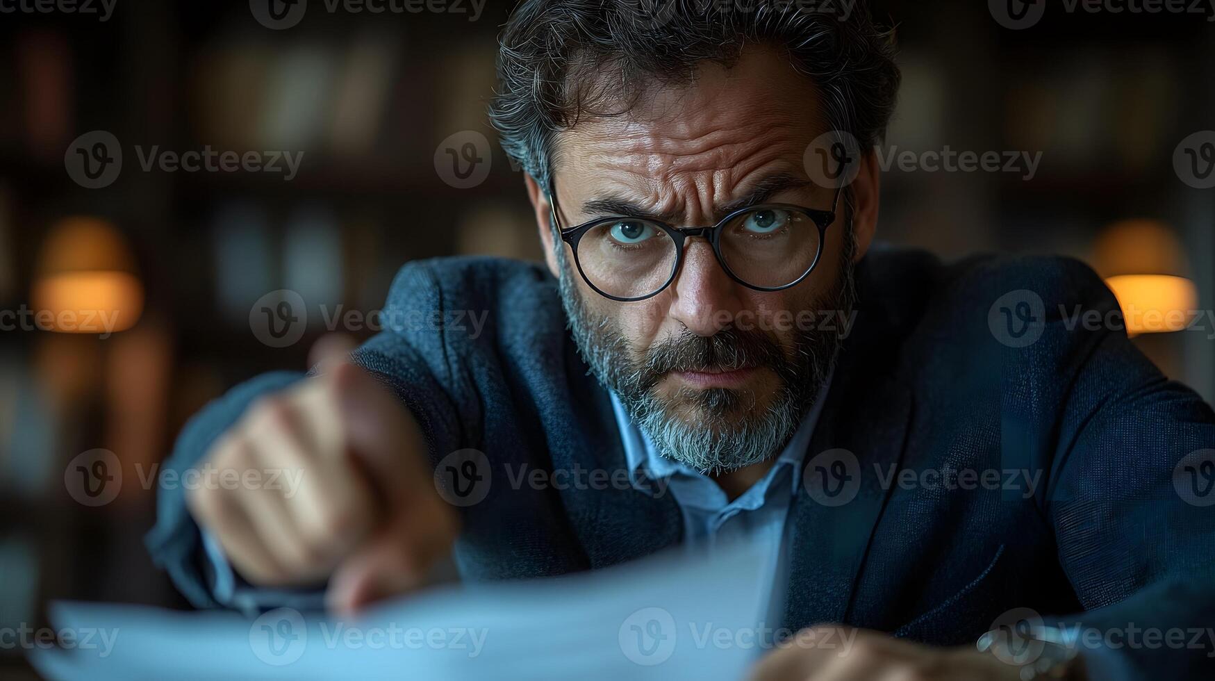 Angry business executive pointing at report in frustration, 8K high-quality clear photo