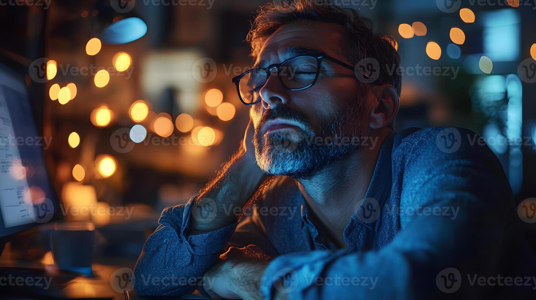 Tired office worker yawning while working late at a dimly lit desk, 8K high-quality clear photo