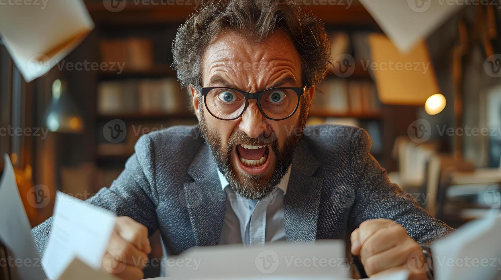 Angry office worker slamming a file on a desk in frustration. photo