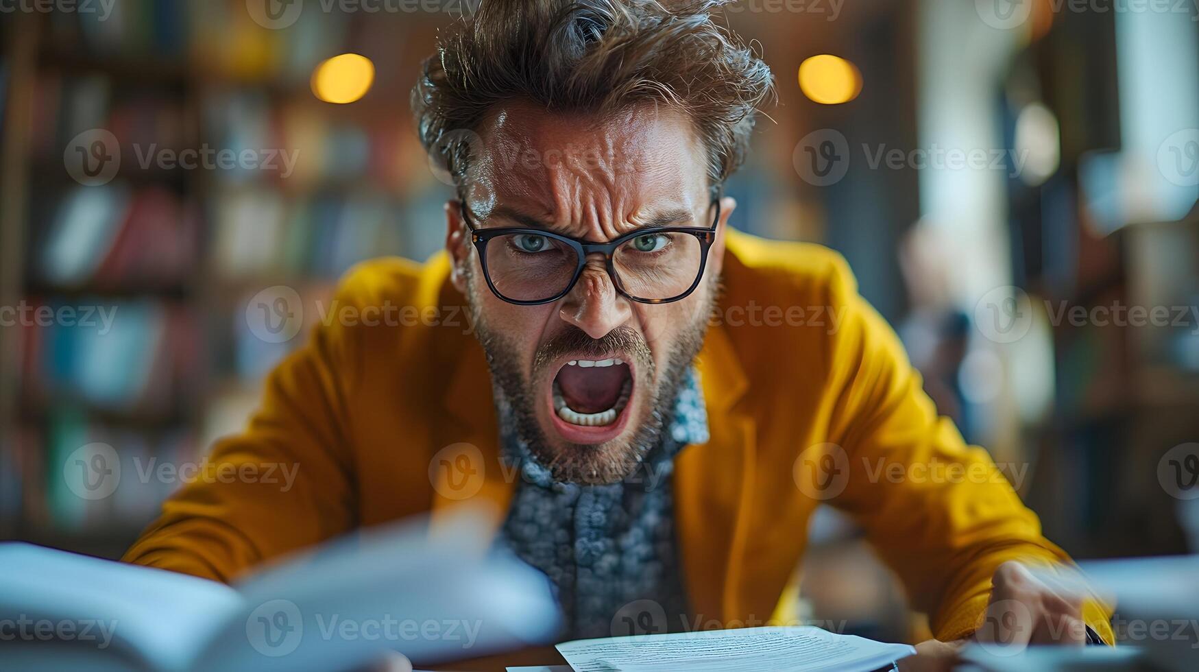 Angry office worker slamming file on a desk in frustration, 8K high-quality clear photo