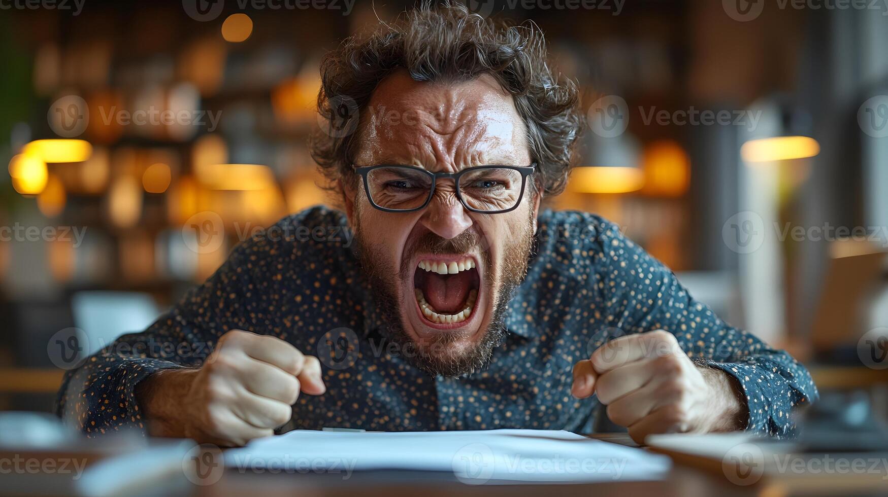 Angry office worker slamming a file on desk in frustration, 8K high-quality clear photo