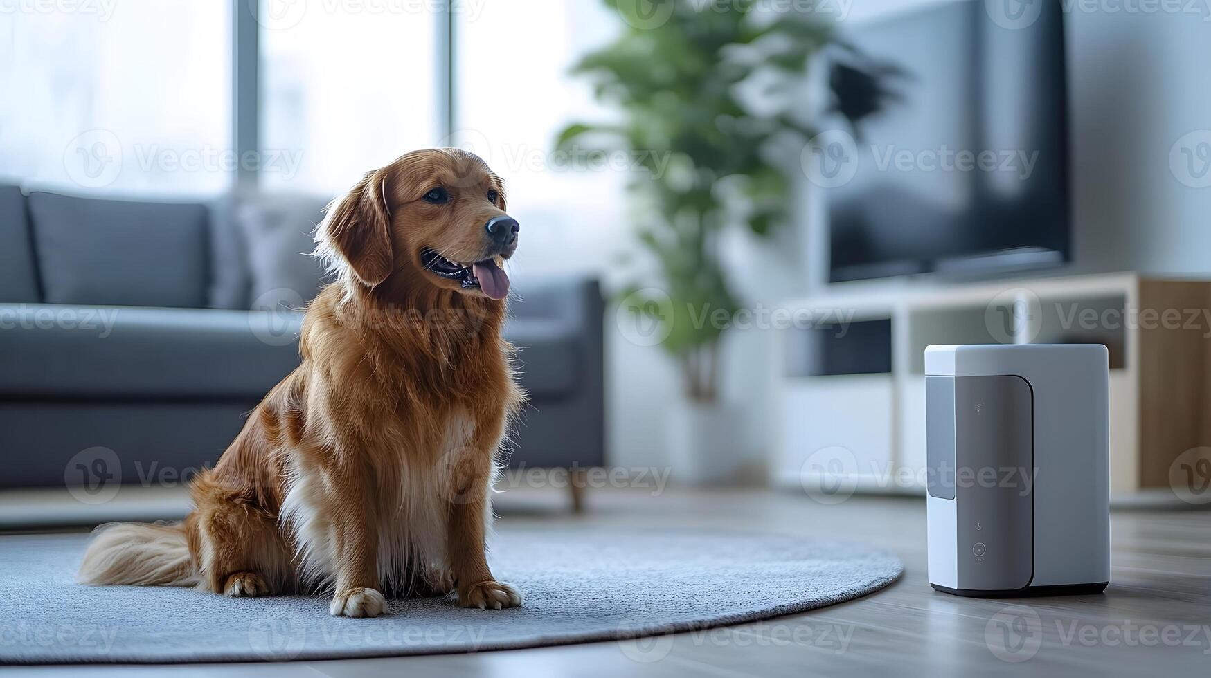 AI-powered pet feeder dispensing food on schedule, futuristic IoT home automation, modern design photo