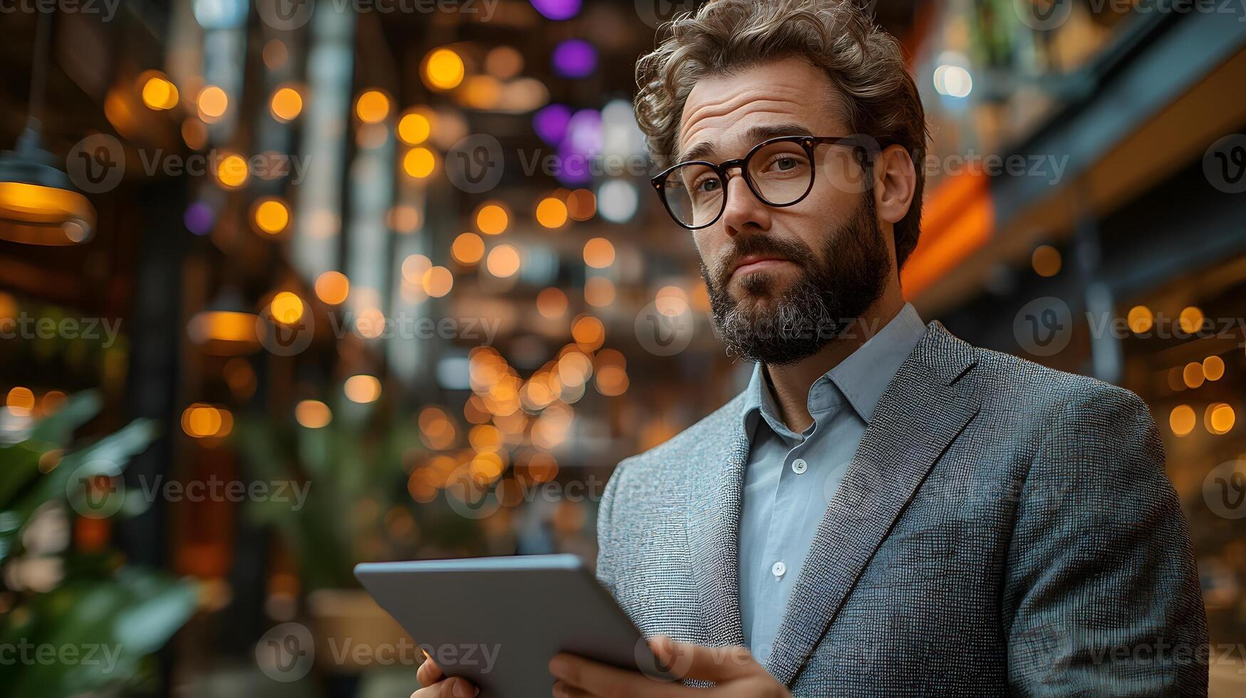 Displeased corporate employee holding a tablet while looking at business analytics, 8K high-quality clear photo