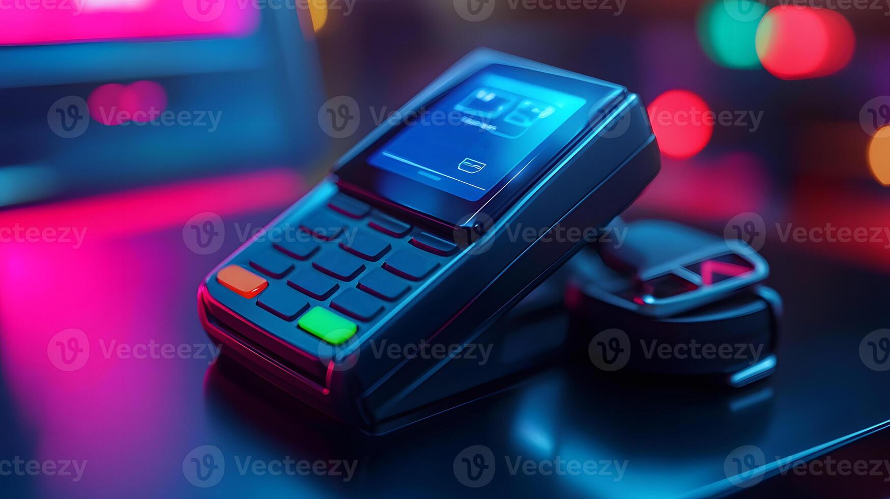 Contactless payment terminal with a smartwatch making a transaction, futuristic financial technology, sleek design photo