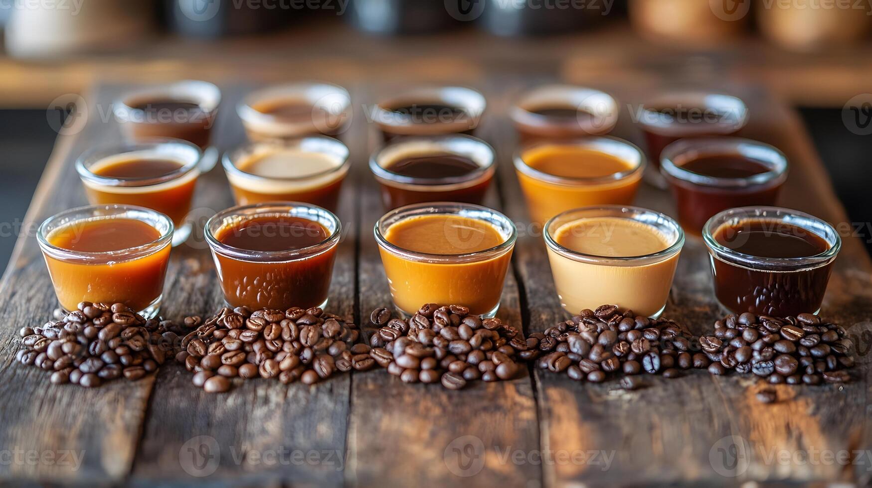 Coffee tasting setup with different brews in small cups, beans, and flavor notes on a table photo