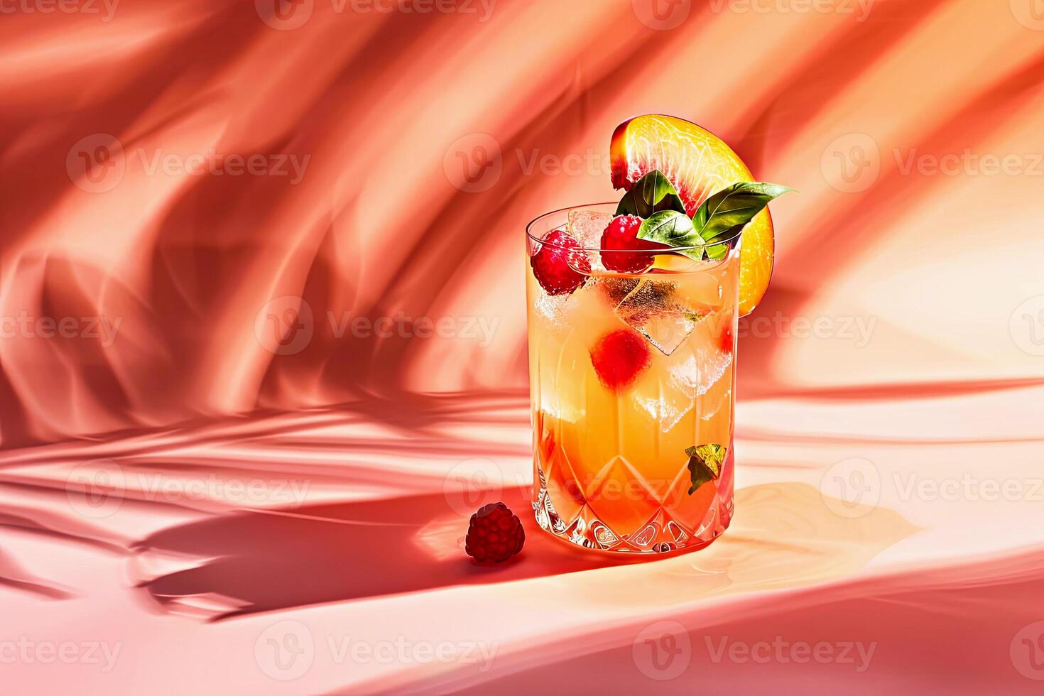 Peach cocktail with raspberry and basil photo