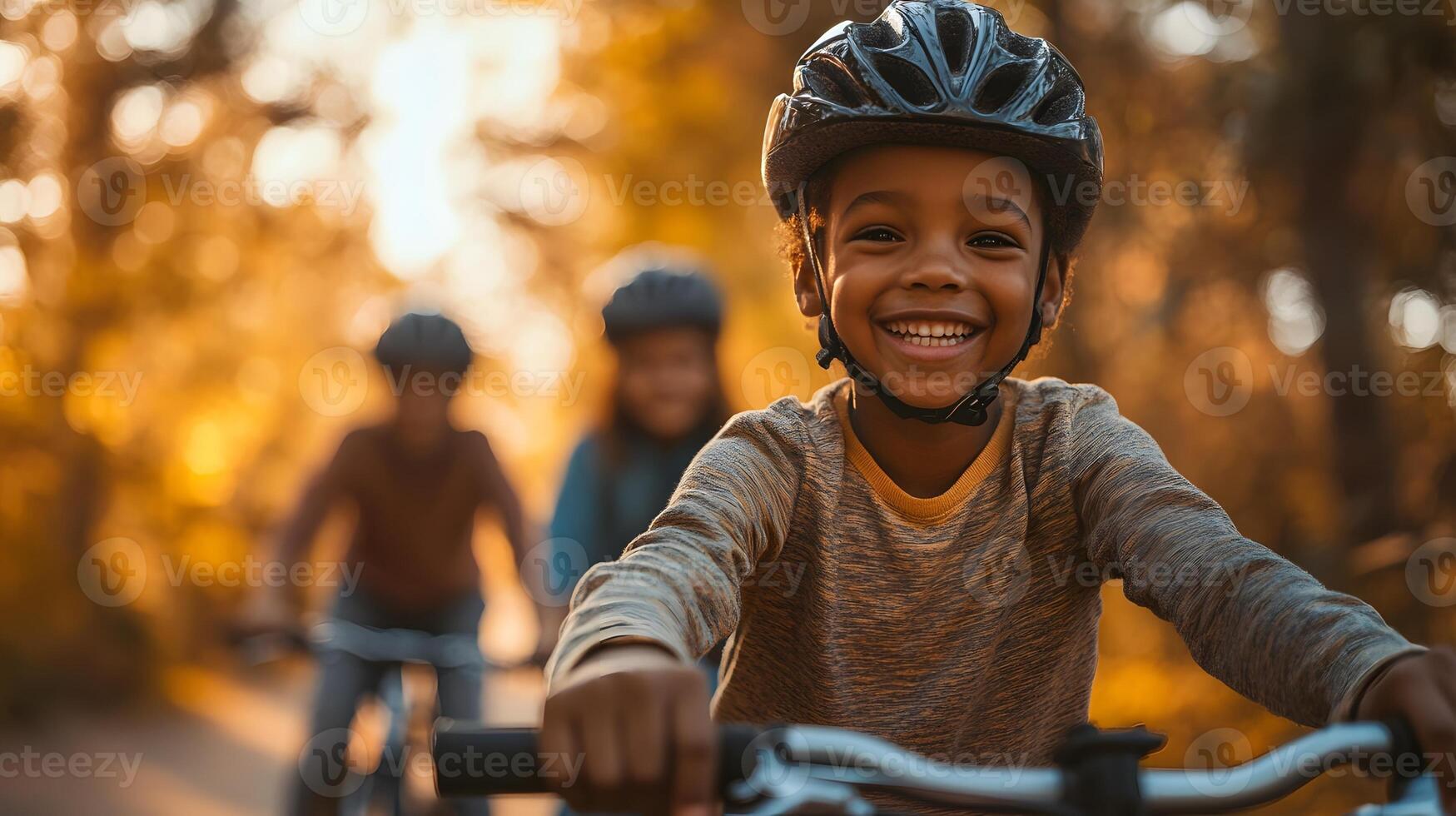 Realistic image of parents teaching children to ride a bicycle, capturing support and encouragement photo