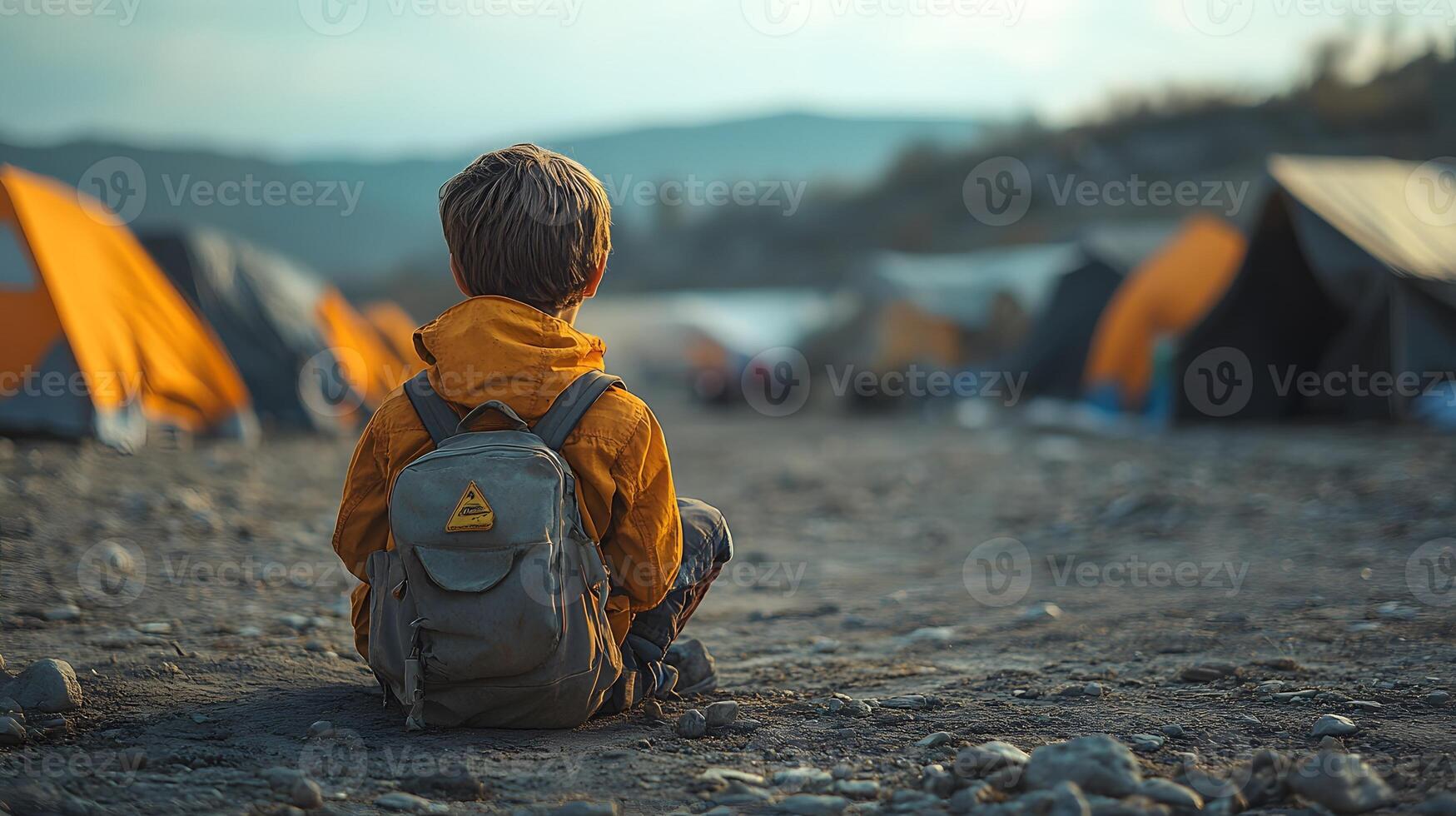 Realistic image of a young refugee sitting alone with a small backpack, looking toward an uncertain future photo