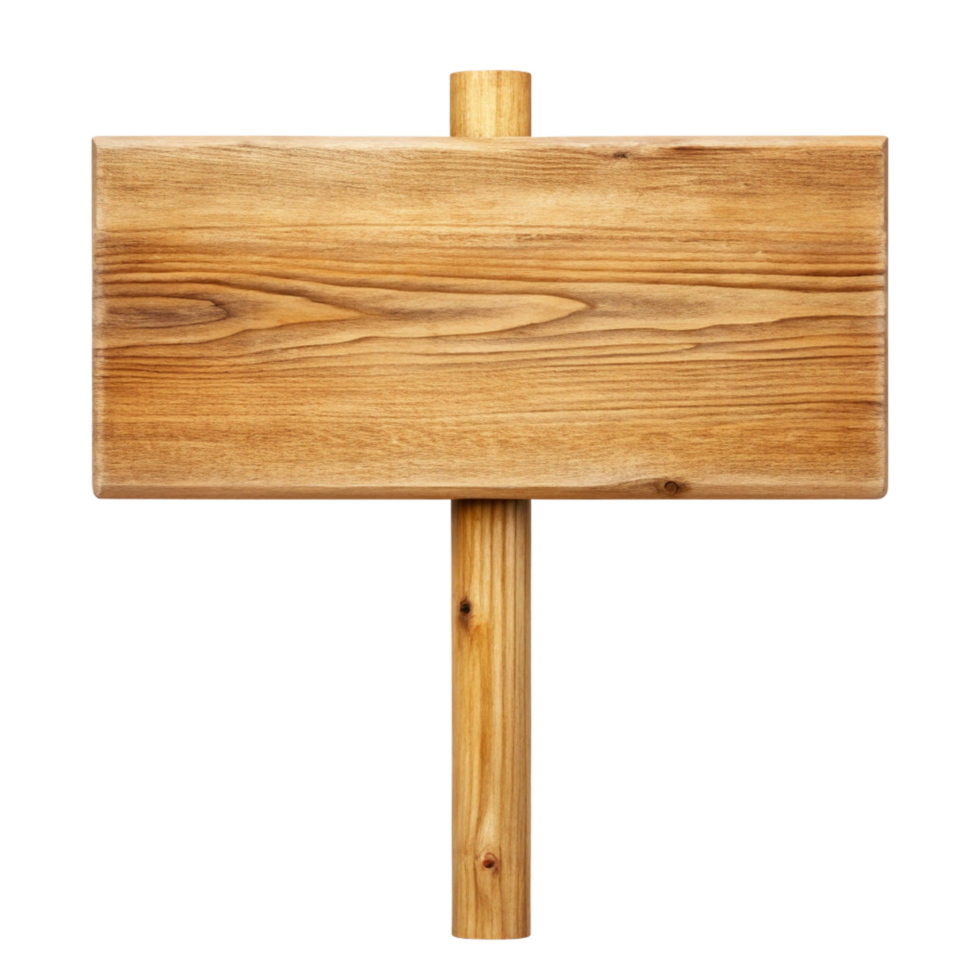 A Rustic Wooden Signpost with Blank Rectangular Board and Vertical Post for Your Message png