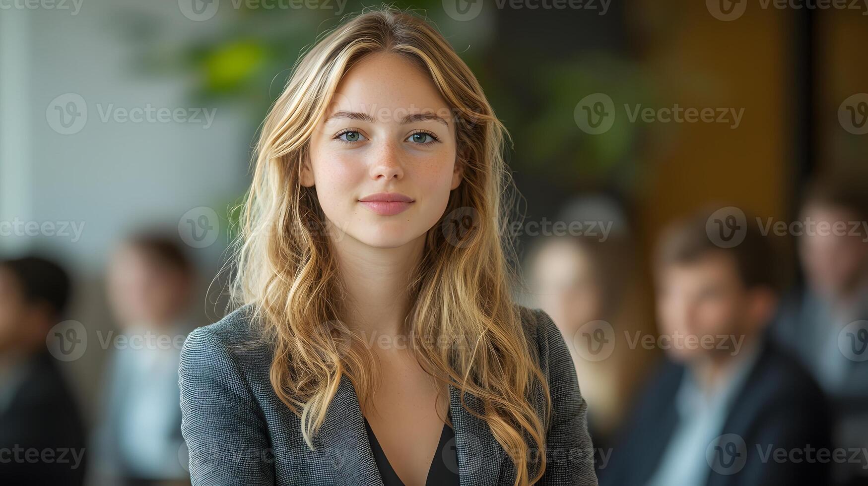 3D charismatic female mentor guiding a group of young professionals at a workshop session photo