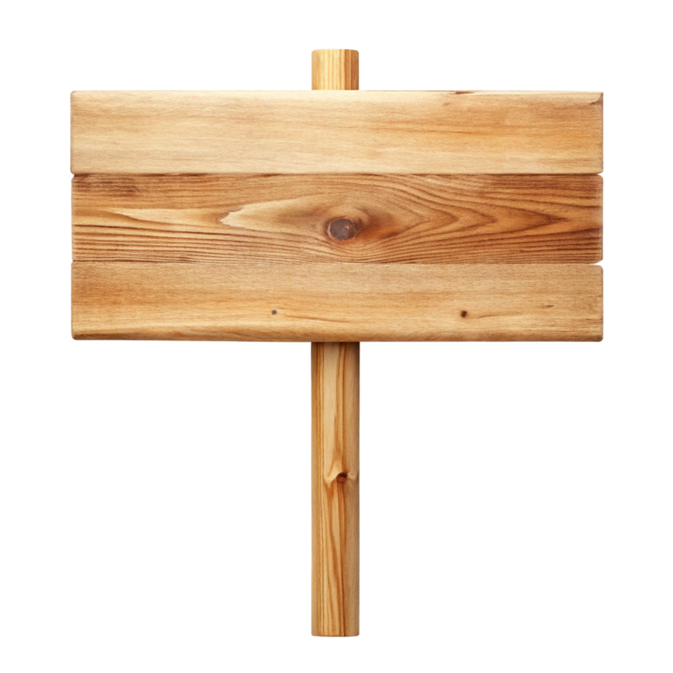 Blank Wooden Signboard with Light Brown Color and Wood Grain Texture on a Wooden Post png