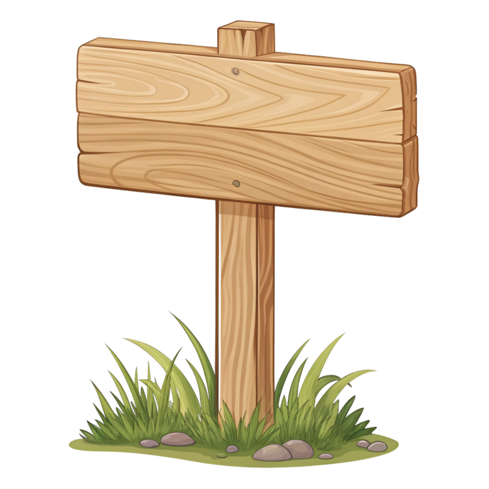 Wooden signpost with blank wooden sign and green grass png