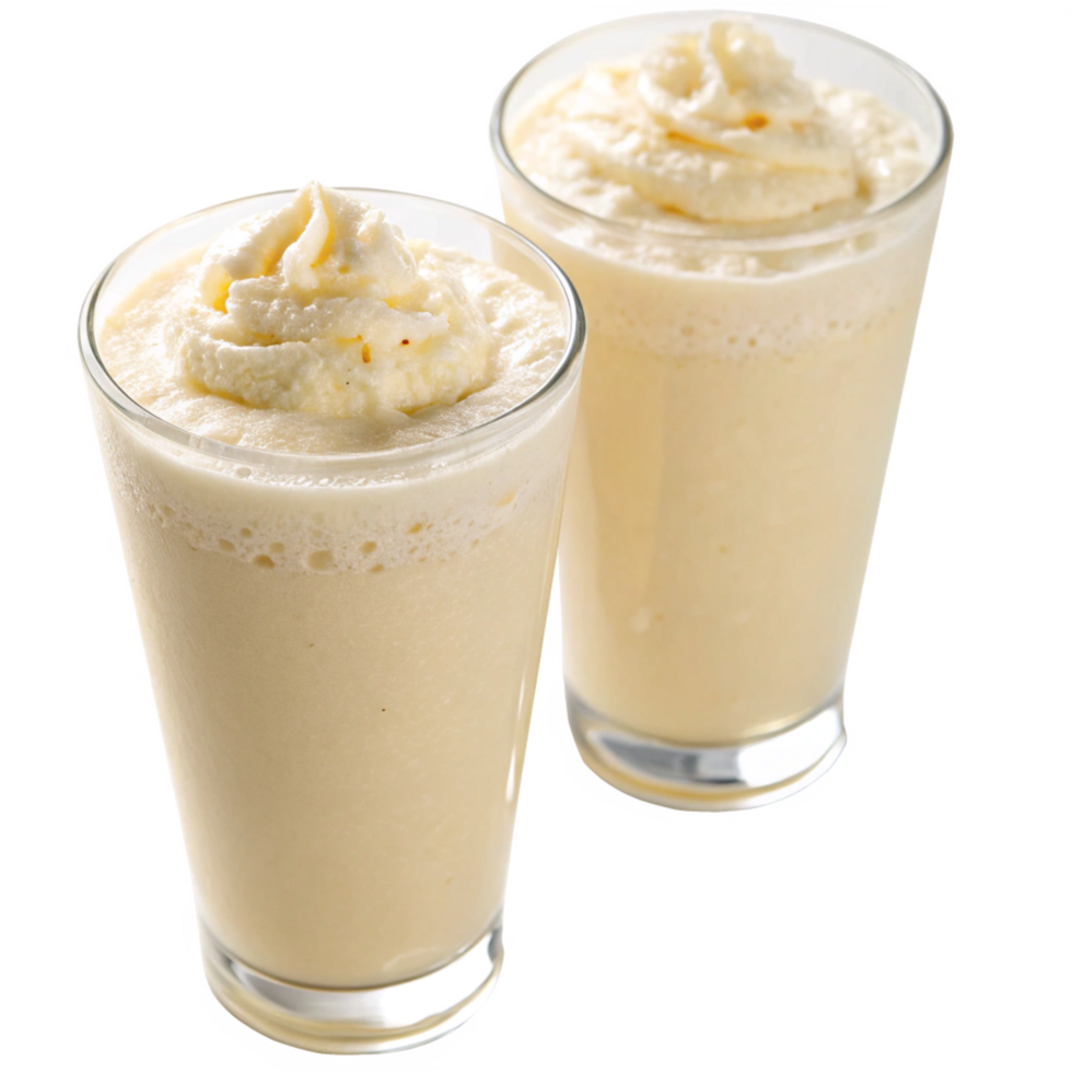 Two Creamy Vanilla Milkshakes Topped with Whipped Cream in Short Glasses png