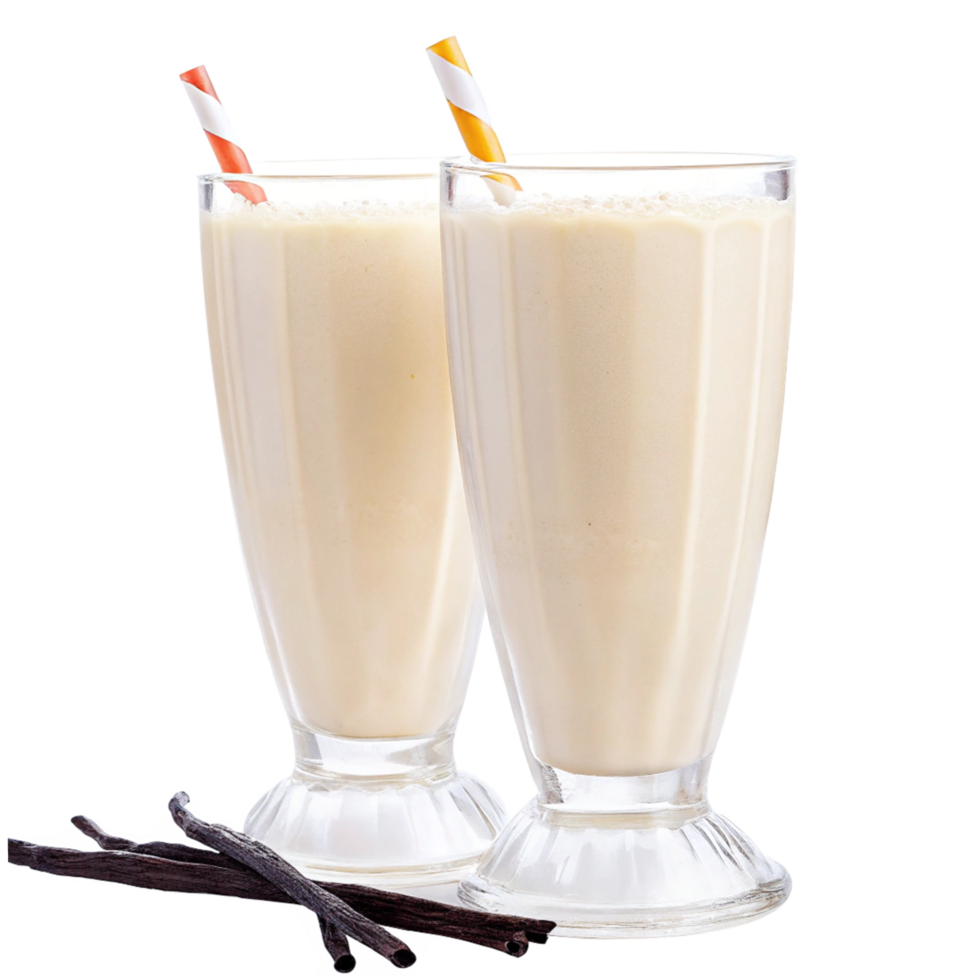 Two Delicious Vanilla Milkshakes with Paper Straws and Vanilla Beans png