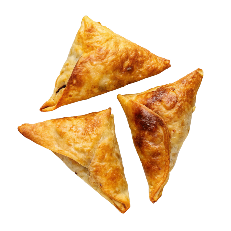 Delicious Golden Brown Triangular Pastries A CloseUp View of Three Savory Treats png