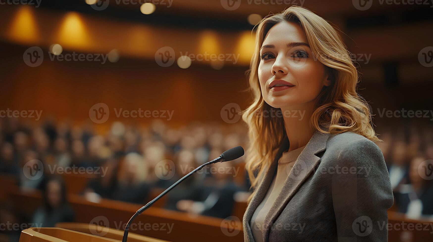 3D female executive standing at a podium, addressing a large audience in a corporate seminar photo