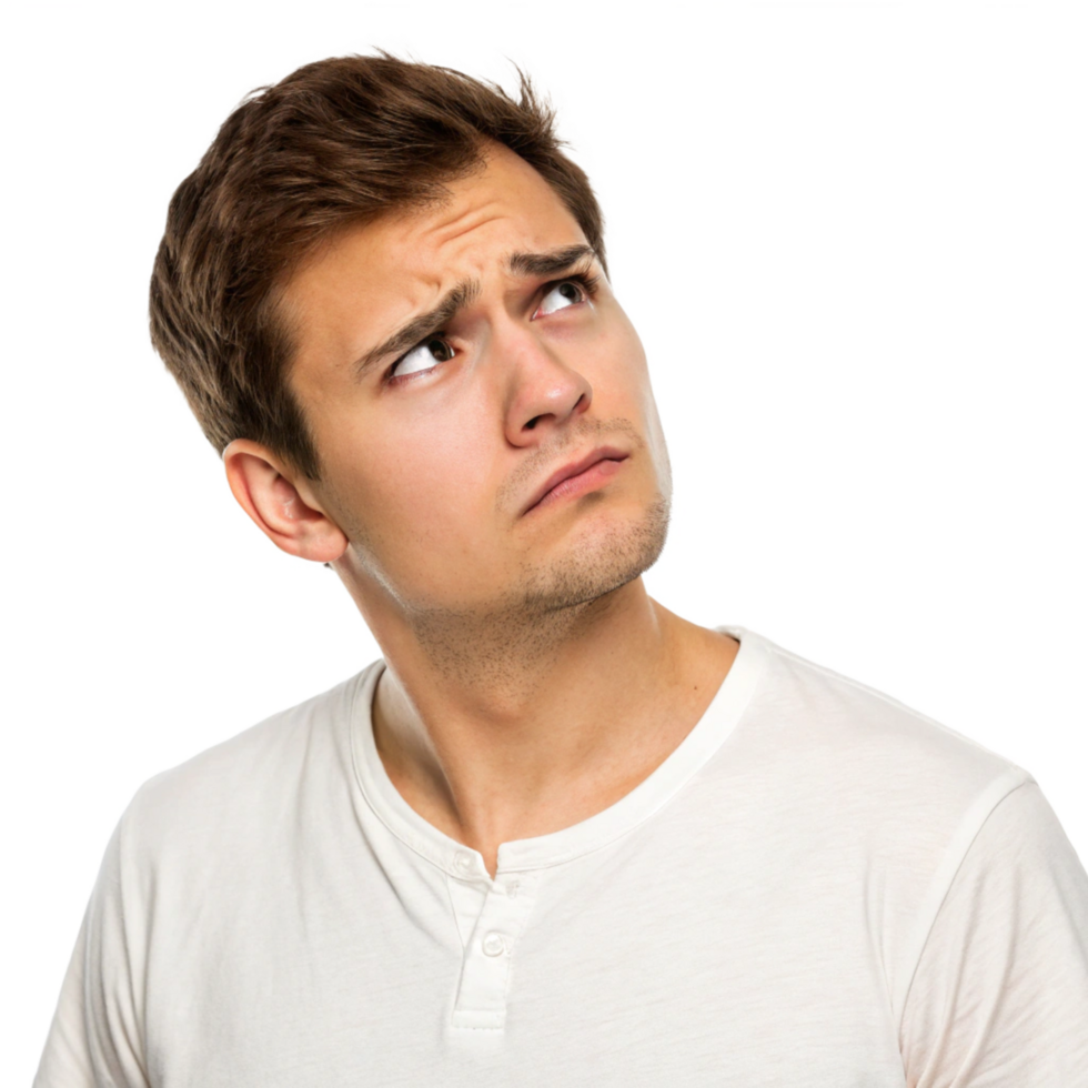 Young Man with Brown Hair Looking Upward in Thoughtful Expression Wearing a White Henley Shirt png