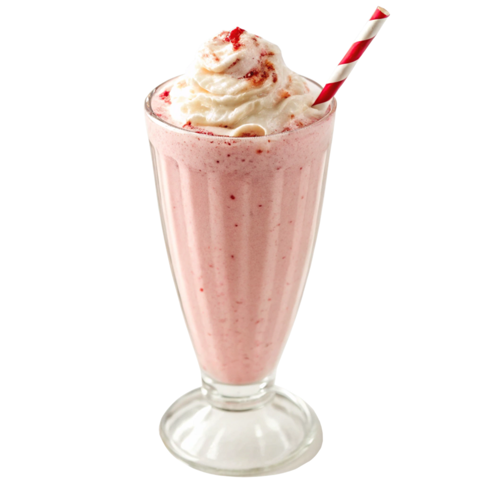 Delicious Strawberry milkshake with whipped cream and a red and white straw png