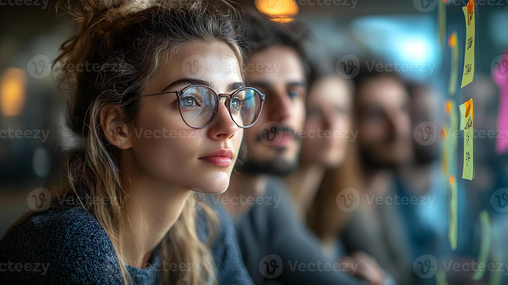 3D creative professionals gathered around a table, discussing innovative concepts with sticky notes on a glass wall photo