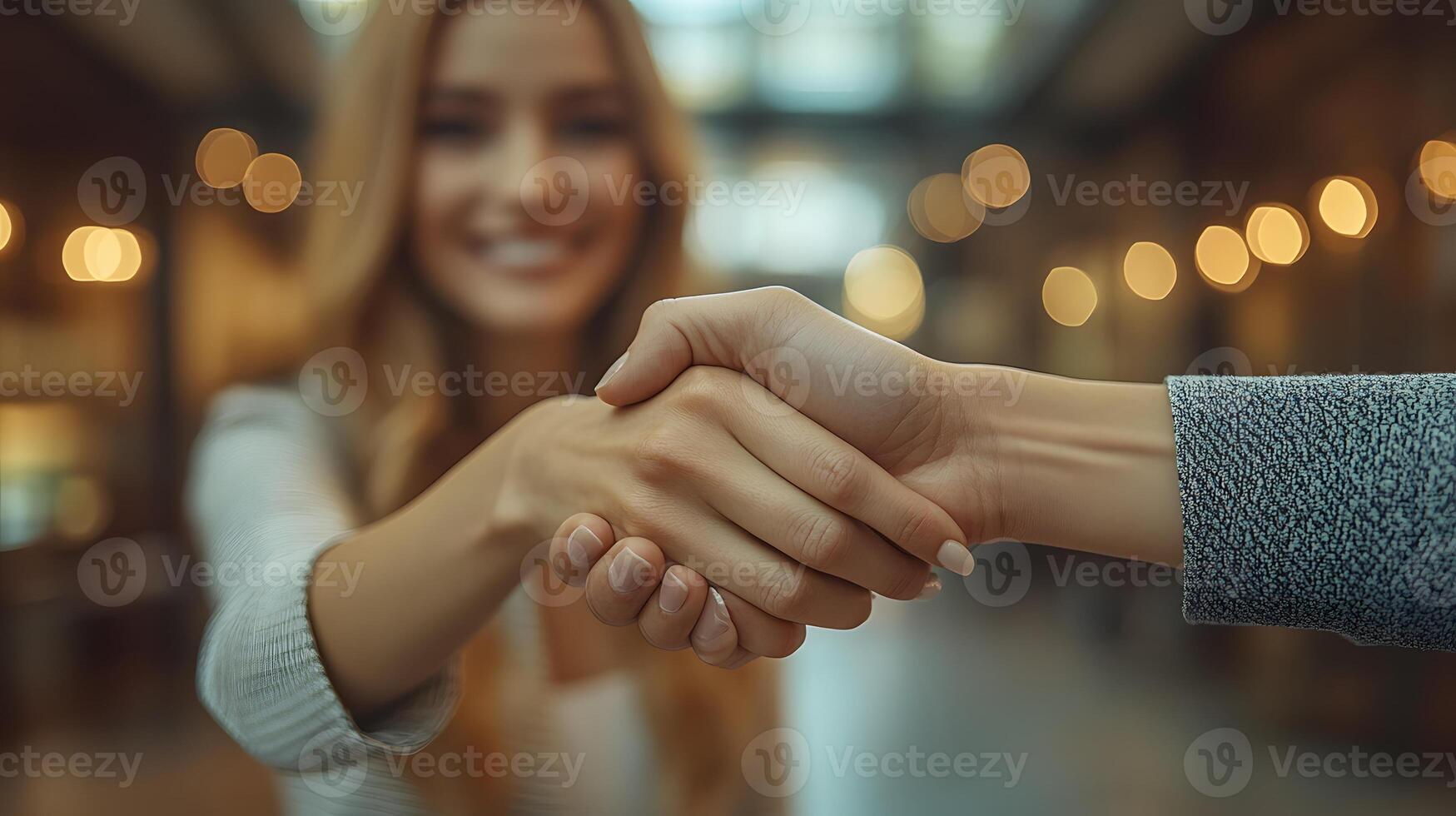 3D professional handshake in a well-lit modern office, with a businesswoman in the background expressing confidence photo
