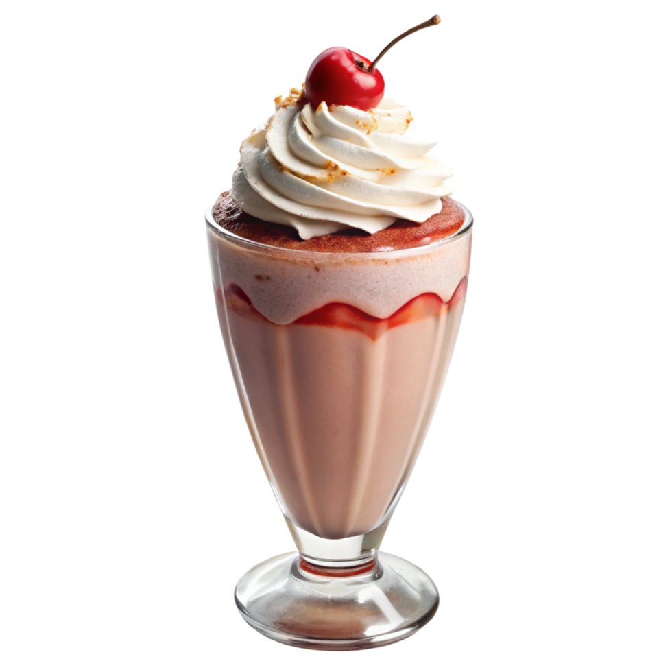 Delicious Strawberry Milkshake with Whipped Cream and Cherry Topping png