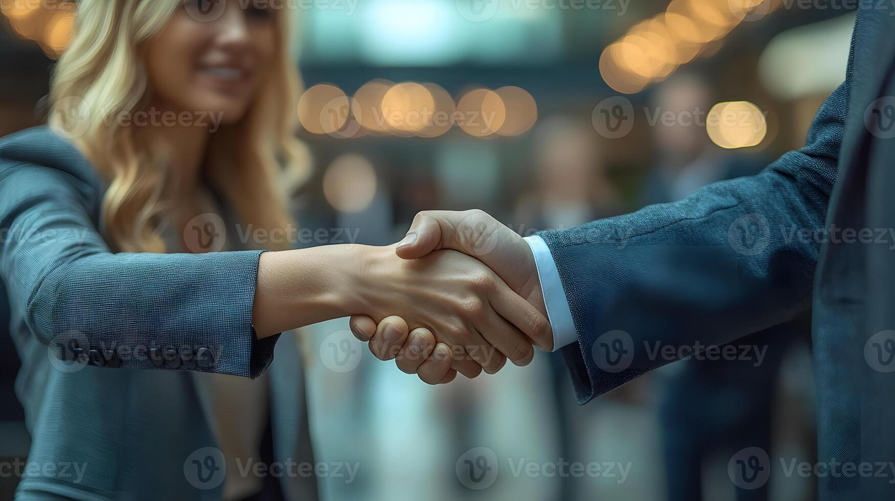 3D handshake between two professionals in a corporate setting, with a confident woman standing behind them photo